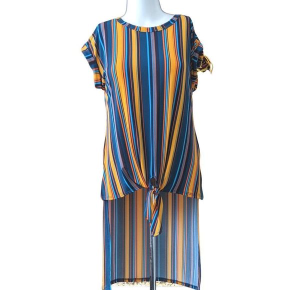 NEW Hi Low Colorful Cuffed Sleeve Front Tie Top Sized Medium from Suzy Shier - Picture 14 of 14